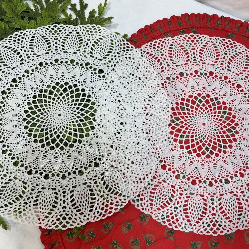 Vintage Lot of 2 Pair 12” Large Plastic Doilies Mid Century MCM White Christmas